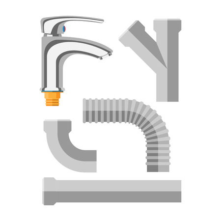 Details pipes different types collection. Vector set of water tube industry, gas valve construction. Oil industrial pressure technology plumbing. Steel factory engineering.のイラスト素材