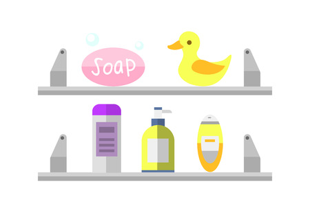 Set of color cosmetic bottle shampoos hygiene clean container lotion bath hair cream vector. Soap bath gel shower body care shampoo liquid. Bathroom tools.のイラスト素材