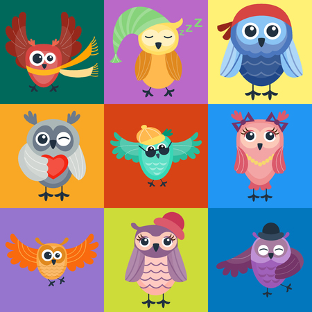 Cute vector funny cartoon owls. Animal character comic flying collection. Doodle cheerful bird. Adorable different various expression graphic.のイラスト素材