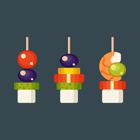 Set kinds of festive snacks canapes prepared isolated sandwich meat dish. Fresh banquet meal gourmet bread party delicious vector. Tasty restaurant catering.のイラスト素材
