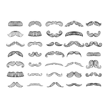 Black silhouette vector mustache. Hair hipster set. Curly collection beard barber. Gentleman symbol fashion adult human facial gave. Cartoon person mask variation design.のイラスト素材