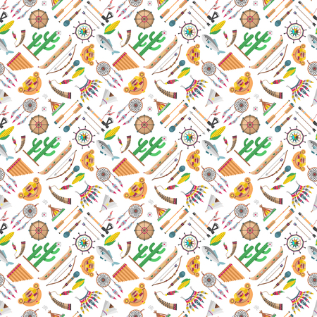 Indian ornament ethnic decoration. Colorful seamless pattern with decorative cactus and national symbols. Vintage decorative arabesque background vector.のイラスト素材