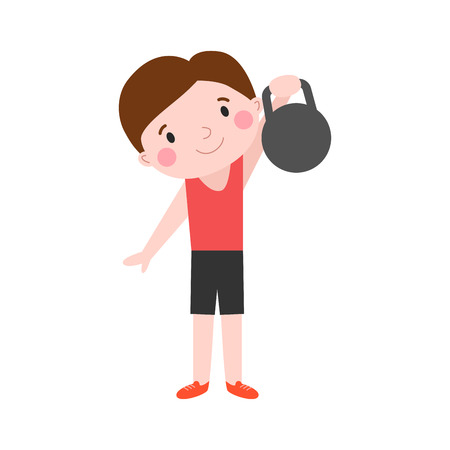 Boy with dumbbells fitness attractive kid healthy lifestyle energy athletic sport and young child workout gym training cartoon sporty energy vector illustration.のイラスト素材