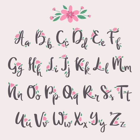 Vector colorful flower font nature colorful summer type and hand drawn alphabet spring beautiful flora set blossom lettering romantic cute design illustration.のイラスト素材