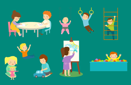 Kids playroom with light furniture decor playground and toys on the floor carpet decorating flat style cartoon comfortable interior vector illustration.のイラスト素材