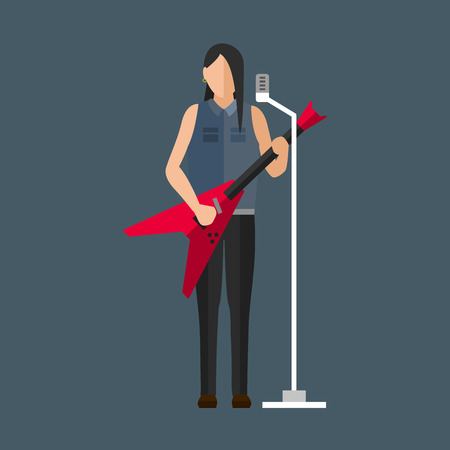 Cartoon musician play on sound modern guitar and young male acoustic artist song entertainment on electric instrument with bright emotions vector illustration.のイラスト素材