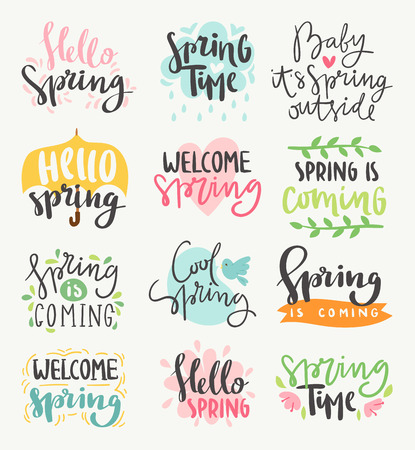 Spring time lettering greeting cards set special spring sale typography poster in gold black and white colors vector illustrationのイラスト素材