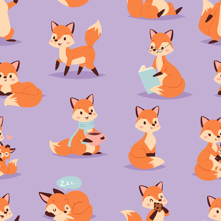 Fox cute adorable character doing different activities funny happy nature red tail and wildlife orange forest animal seamless pattern vector illustration.のイラスト素材
