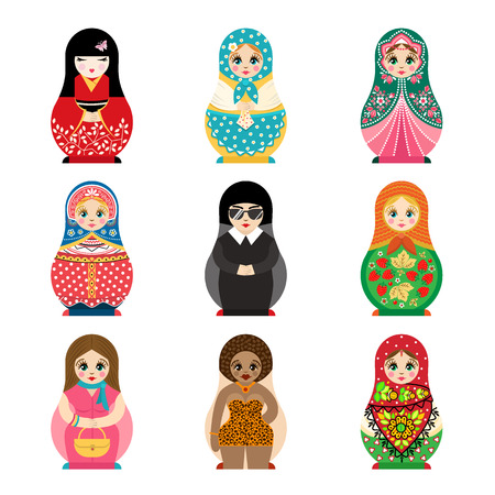 Traditional russian matryoshka toy set with handmade ornament figure pattern with child face and babushka woman souvenir painted doll vector illustration.のイラスト素材