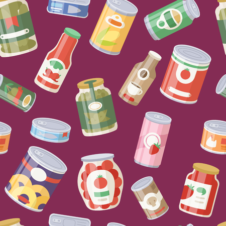 Collection of various tins canned goods food metal container seamless pattern backgroundのイラスト素材