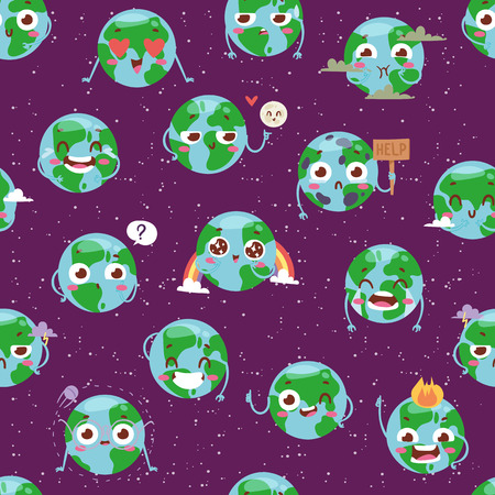 Cartoon globe with emotion web icons green global smile face happy nature character expression and ecology earth planet world map seamless pattern vector illustration.のイラスト素材
