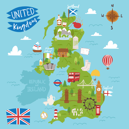 United kingdom map showing national landmarks vector illustration.のイラスト素材