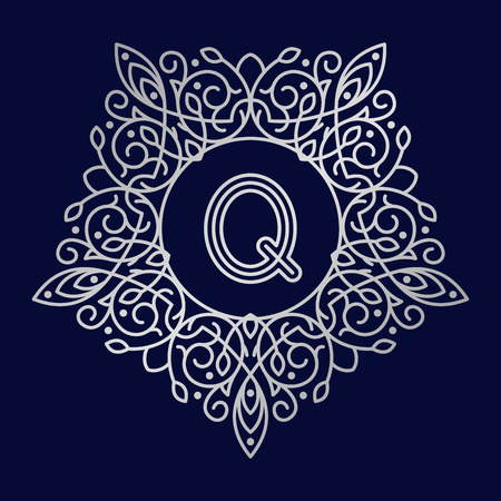 Monogram Q bage logo vector illustration text letter nature leaf badge emblem line set collection sign ornament element vintage frame elegant ornamentのイラスト素材