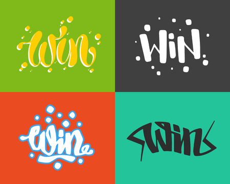 Win text sign test success message contest promotion banner competition and award lucky lottery word modern reward gamble champion vector illustration.のイラスト素材