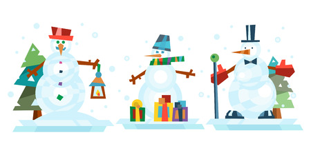 Winter holidays snowman cheerful character in cold season costume and snow xmas celebration greeting december joy ice icon vector illustration.のイラスト素材
