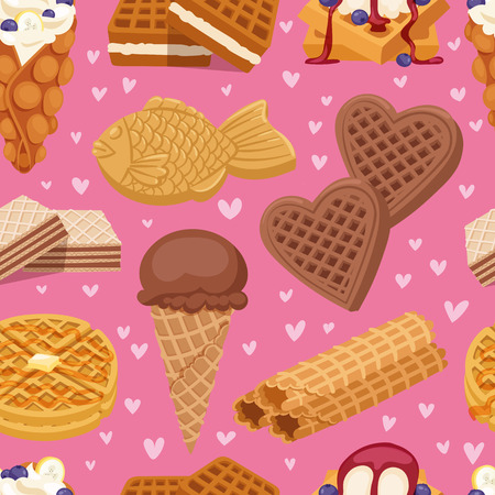 Different wafer cookies waffle cakes and chocolate delicious snack cream dessert crispy bakery food vector seamless pattern.のイラスト素材
