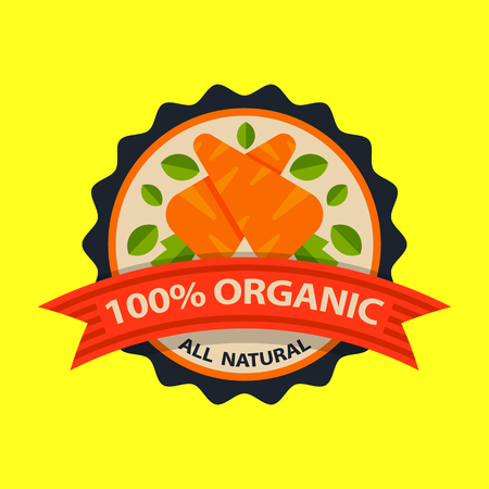 Flat style of bio organic eco healthy food label logo template and vintage vegan farm element in orange green color badge vector illustration.のイラスト素材