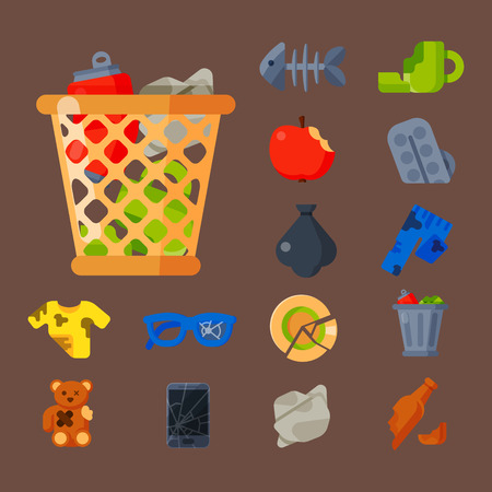 Household waste garbage icons vector illustration trash recycling ecology environment isolated recycle concept plastic paper symbol can bin ecoのイラスト素材