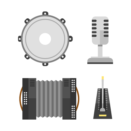 Piano keyboard accordion microphone tambourine harmonica musical instrument vector illustration and acoustic antique classical melody performance ivory accordian.のイラスト素材