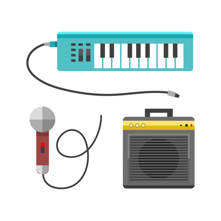 Vintage synthesizer musical equipment flat design vector illustration and classical white black musical keyboard sound instrument harmony art.のイラスト素材