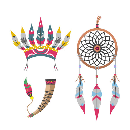 Wild west american indian feather headdress designed element traditional art concept and native tribal ethnic feather culture ornament for the design vector illustration.のイラスト素材