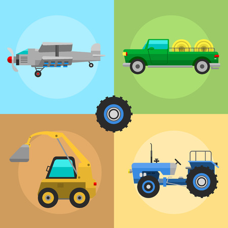Agricultural vehicles cards harvester machine combines and excavators icon set with accessories for plowing mowing, planting and harvesting vector illustration.のイラスト素材