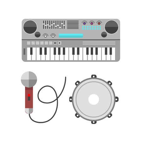 Vintage synthesizer musical equipment flat design vector illustration and classical white black musical keyboard sound instrument harmony art.のイラスト素材