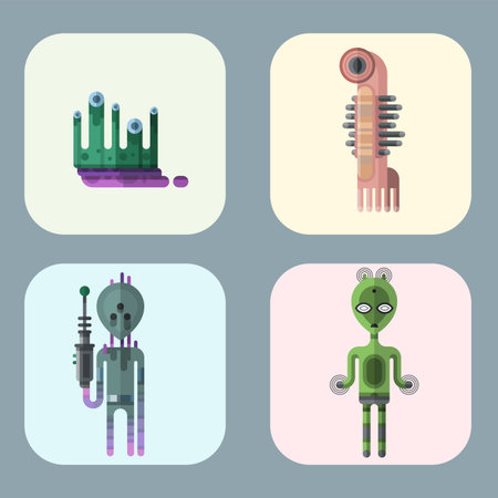 Set of different funny cartoon monsters cute alien characters and creature happy illustration devil...