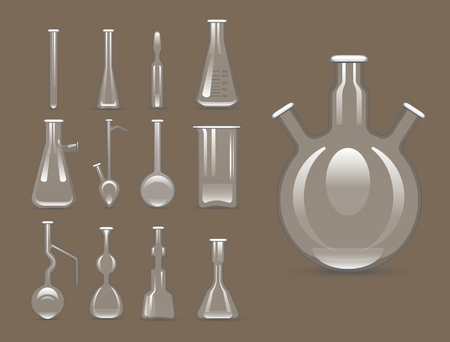 Chemical laboratory 3d lab flask glassware tube liquid biotechnology analysis and medical scientific equipment vector illustration.のイラスト素材