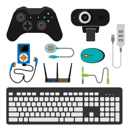 Electronic gadgets icons technology electronics multimedia devices everyday objects control and computer connection digital network vector illustration.のイラスト素材
