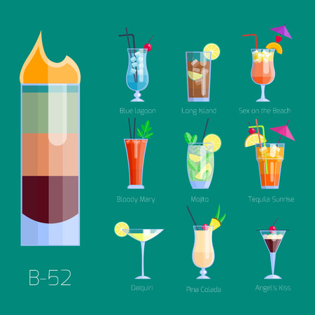 Set of alcoholic cocktails isolated fruit cold drinks tropical cosmopolitan freshness collection and party alcohol sweet tequila vector illustration.のイラスト素材