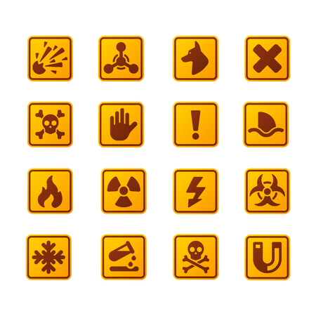 Prohibition signs set industry production vector yellow red warning danger symbol forbidden safety information and protection no allowed caution information.のイラスト素材