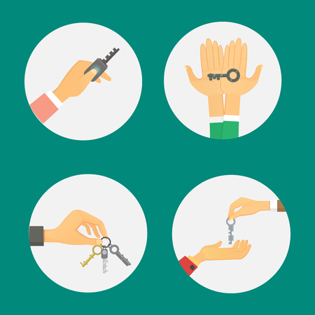 Hands holding key apartment selling human gesture sign security house concept vector illustration.のイラスト素材