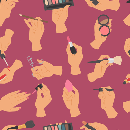 Collection of makeup cosmetics and brushes in hands seamless pattern background vector illustration.のイラスト素材