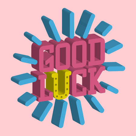 Good luck isometric text farewell vector lettering with lucky phrase background greeting typography. Vintage word decorative symbol inscription expression banner.のイラスト素材