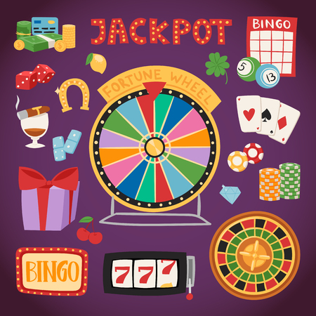 Casino game gambling symbols blackjack cards money winning roulette joker vector illustrationのイラスト素材