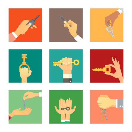 Hands holding key apartment selling human gesture sign security house concept vector illustration.のイラスト素材