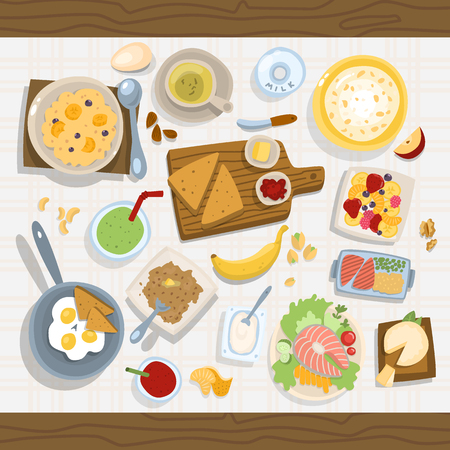 Healthy eating meal concept with fresh salad bowls on kitchen wooden worktop top view vector illustrationのイラスト素材