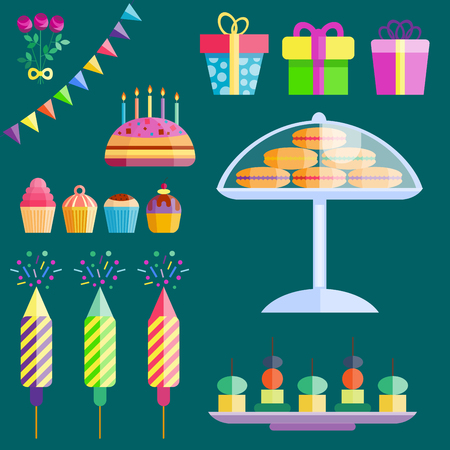 Party icons celebration happy birthday surprise decoration cocktail event anniversary vector.のイラスト素材