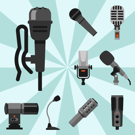 Different microphones types icons journalist vector interview music broadcasting vocal tool tv tool.のイラスト素材