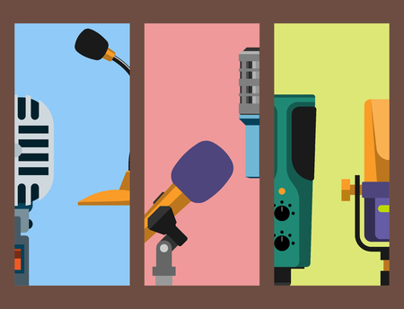 Different microphones types cards journalist vector interview music broadcasting vocal tool tv tool.のイラスト素材
