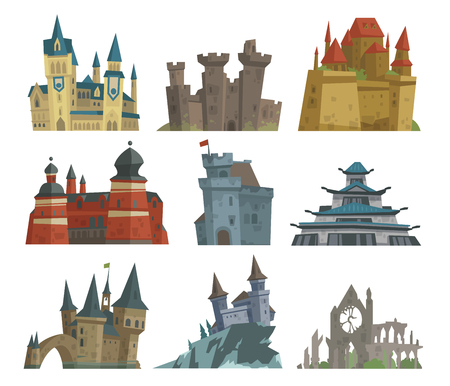 Cartoon fairy tale castle key-stone palace tower icon scarry knight medieval architecture building vector illustration.のイラスト素材