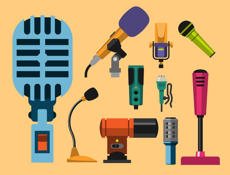 Different microphones types icons journalist vector interview music broadcasting vocal tool tv tool.のイラスト素材