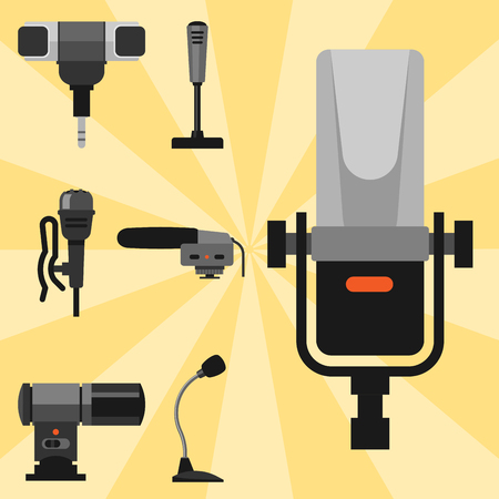 Different microphones types icons journalist vector interview music broadcasting vocal tool tv tool.のイラスト素材