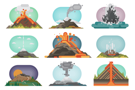 Volcano magma nature blowing up with smoke volcanic eruption lava mountain vector illustrationのイラスト素材