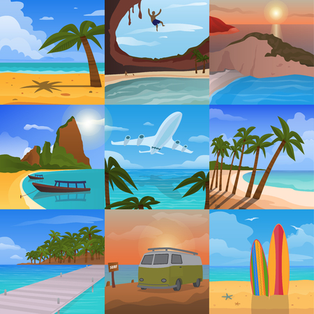 Summer time vacation nature tropical beach landscape of paradise island palm trees holidays vector illustration.のイラスト素材