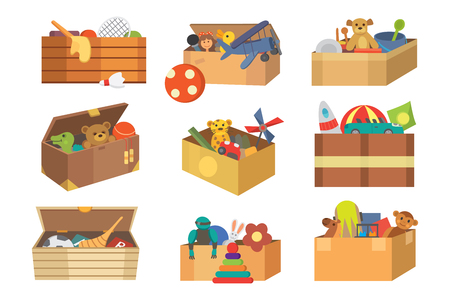 Boxes full kid toys cartoon cute graphic play childhood baby room container vector illustrationのイラスト素材