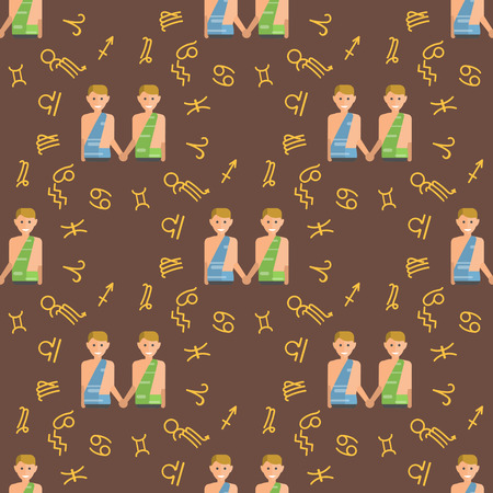 Zodiac gemini seamless pattern horoscope symbol star astrology ascendant figure nativity vector astrological calendar background illustration. Esoteric constellation cosmos astronomy circle.のイラスト素材