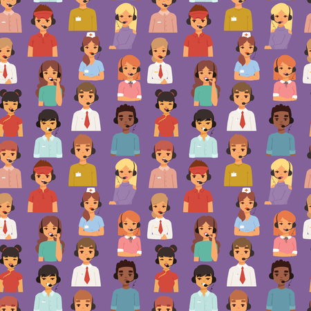 Call center agents business people team headphones talking on phone customers support vector characters seamless pattern backgroundのイラスト素材