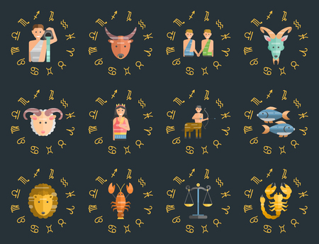 Zodiac signs flat set of horoscope symbols star collection astrology ascendant figure nativity vector astrological calendar illustrationのイラスト素材